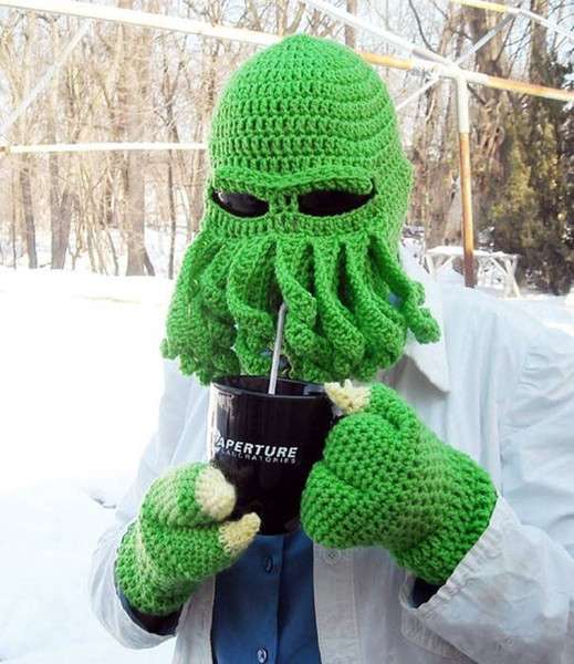 Handmade wool knitting comfortable soft octopus hat with bearded brunette warm funny hat