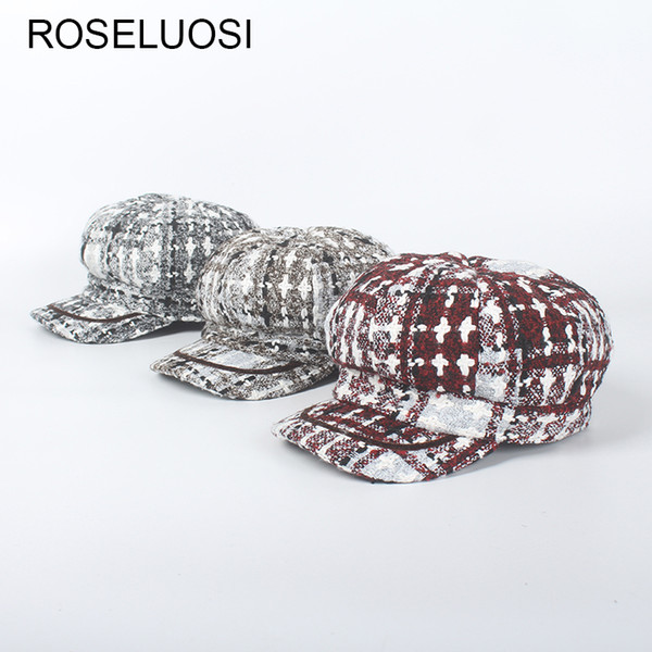 ROSELUOSI Autumn Winter Newsboy Caps For Women Fashion Wool Octagonal Cap Tweed Gorras Mujer