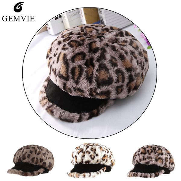 Winter Newsboy Cap Women Warm Hats Fashion Leopard Print Plush Berets Caps Ladies Adjustable Octagonal Cap sombrero de mujer