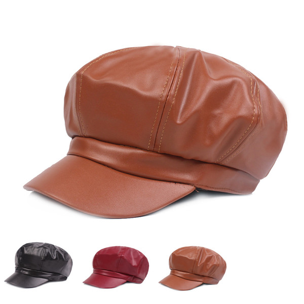 Leather cap ladies leather octagonal cap autumn and winter warm beret European and American painter hat youth