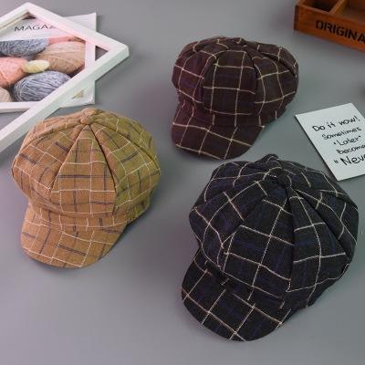 Newsboy Cap Autumn Winter Black White Felt Hats Vintage Plaid Octagonal Cap Female Casualp Plaid Beret Hat For Children