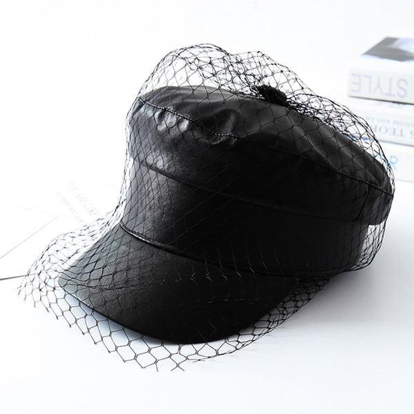 MAXSITI U Spring and summer New black PU lace veil newsboy caps Fmale fashion hats