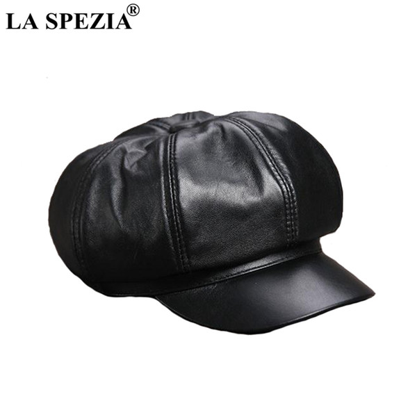 LA SPEZIA Black Newsboy Cap Women Genuine Leather Caps Casual Octagonal Hat Sheepskin Natural Leather Female Luxury Spring Caps