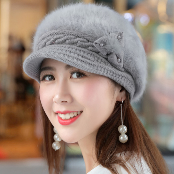 HT1918 New Autumn Winter Women Hats Solid Rabbit Fur Hats for Women Casual Warm Thick Knitted Hat Female Berets Ladies Beret Hat