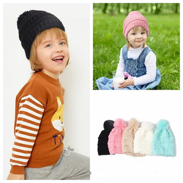 knit pompom Beanie Kids Knitted Hats Kids Chunky Skull Caps Winter Cable Knit Slouchy Crochet Hats Outdoor Warm Beanie Cap T0103