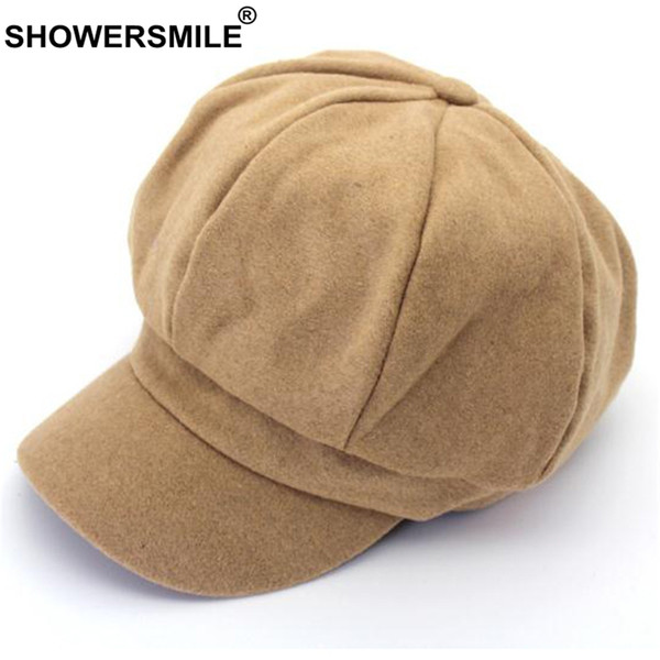 SHOWERSMILE Newsboy Wool Cap Women Khaki Vintage Octagonal Cap Newsboy Female Tweed British Style Classic Autumn Winter Flat