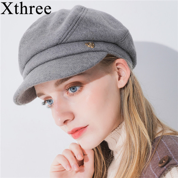Xthree winter women's hat wool octagonal hat with visor fashion solid newsboys for girl women autumn