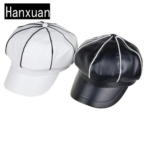 Wholesale-2016New Solid Color Vintage Patchwork Women Fashion Octagonal Cap Men Faux Leather Newsboy Cap Painter Beret Hat Free Shipping