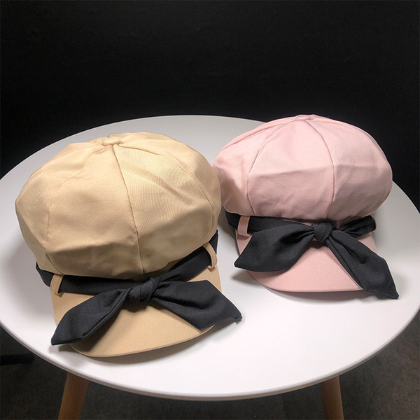 HT1823 Cotton Blend Newsboy Cap for Women Ladies Fashion Beret Cap Black Bow Female Berets Solid Pink Yellow Black Octagonal