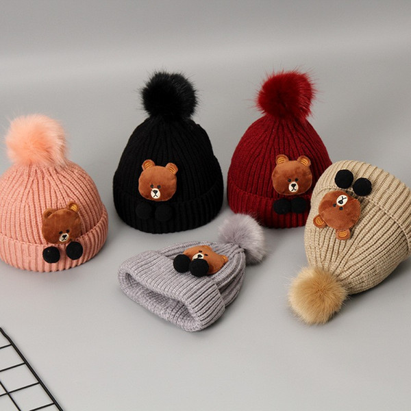 Baby wool cap double wool ball autumn and winter wool knitting children cartoon hat thick warm caps