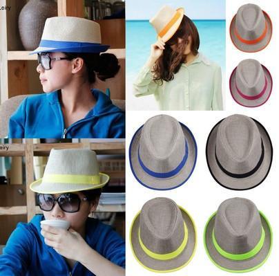 Men Women Fashion Flax Fedora Straw Panama Hat Sun Beach Caps with Neon Brim and Ribbon 6 Colors to Choose