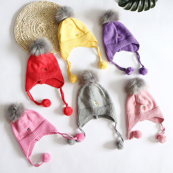 New Kids Knitted Cap Individual Embroidered Fruit Wool Cap Outdoor Cold-proof Warm Headgear Cotton Cap For Children