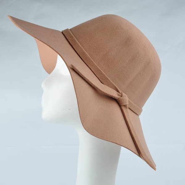 2015 New Summer Style Women's Lady with Wide Brim Wool Felt Bowler Fedora Hat Floppy Cloche Sun Beach Bowknot Cap-42