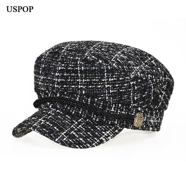USPOP 2018 New women winter hat fashion warm plaid tweed newsboy caps flat top visor caps retro Octagonal hat berets D18103006
