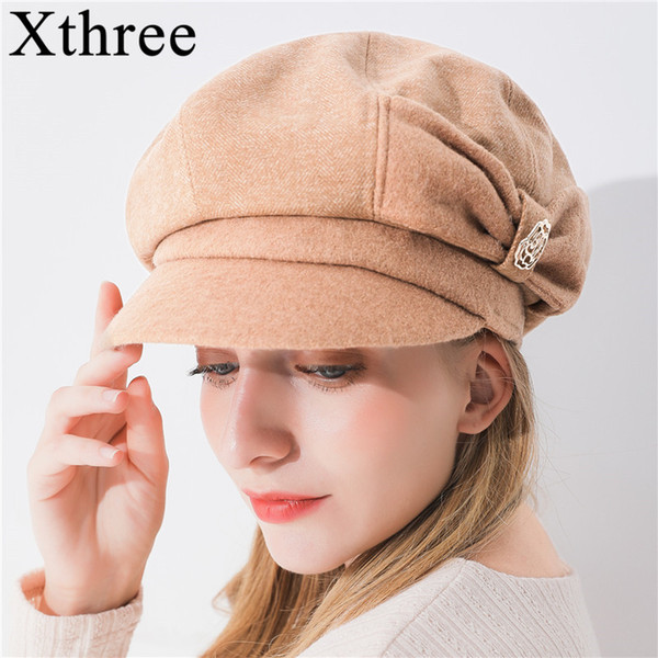 Xthree Solid women's hat wool octagonal cap winter hat with visor fashion newsboys girl autumn for women