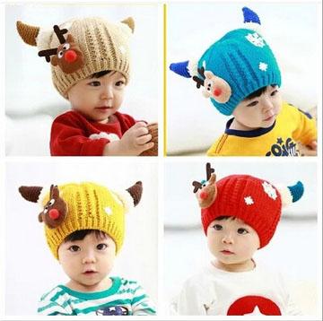 Qiu dong season male and female baby with velvet horn knitting wool snow Christmas deer han edition earmuffs children's hat