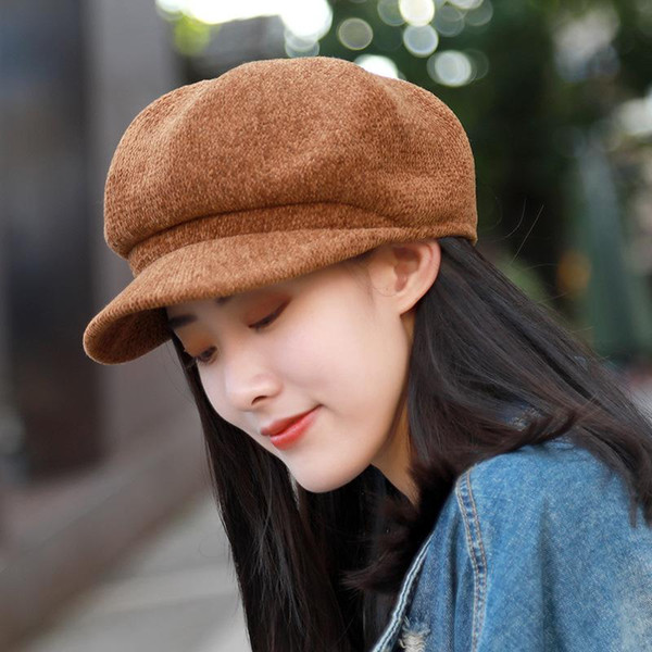 2018Autumn and Winter Hat Visor Women Hat Chenille Octagonal Beanies for Ladies Retro Beret Solid Color Newsboy Cap Warm Cap