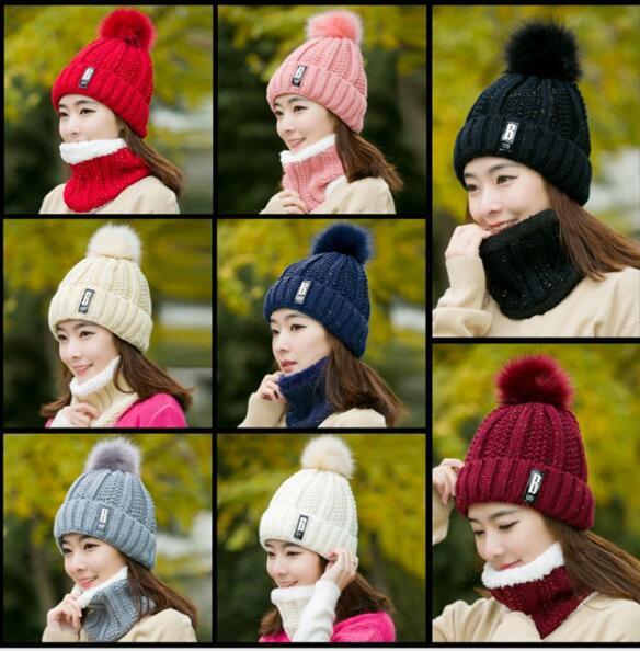 Hat female B standard Women's wool ball letters autumn and winter thickening plus velvet neck sweater knit hat scarf warm