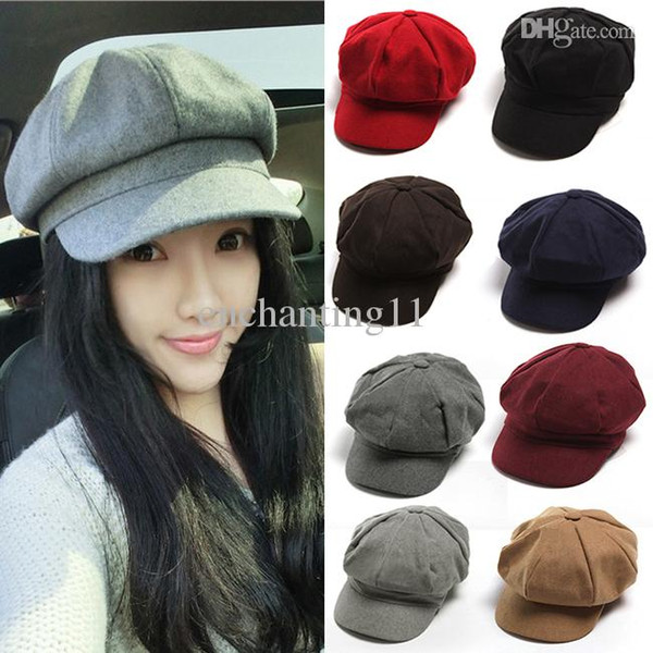 Wholesale-S509 Women Girls Newsboy Hat Woolen Octagonal Cap Benn Painter Hat Spring Autumn Winter Cap Female Red Black Coffee