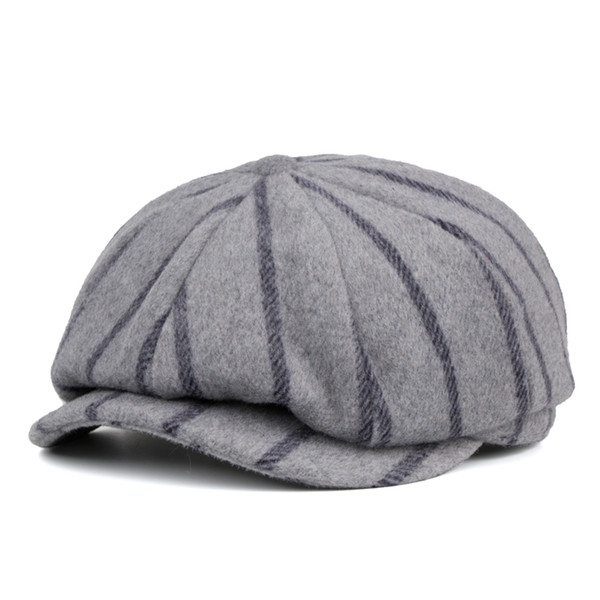 unisex winter thick wool Octagonal Hats women men autumn gray striped warm newsboy hat male teenager simple Detective Sherlock caps female