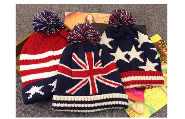 Hot-selling winter star-striped velvet knitted cap with rice flag Men's and Women's Warm Ball Wool Hats