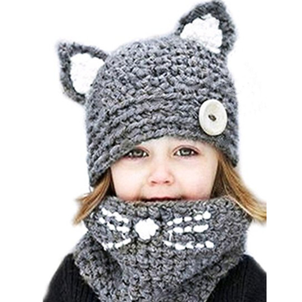 Knitted hats for children, animals, cats, ears, suit hats, hand-woven warm neckline hats, thicker, warm and lovely kittens.
