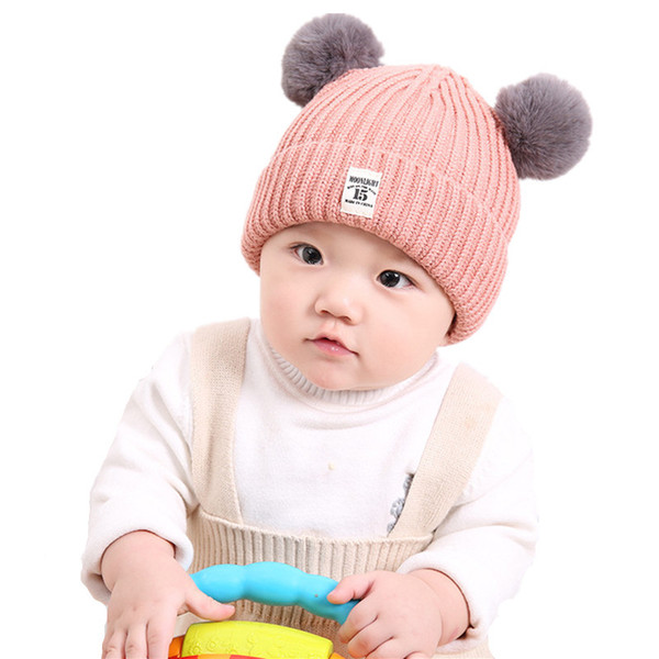 2018 new 0-3 years old baby wool hat Cute autumn and winter models plus velvet knitted hat Double ball children's earmuffs cotton cap