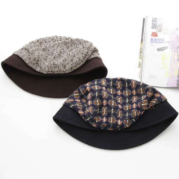 Free shipping High Quality Casual Newsboy Caps Woman Fedoras Wool Bucket Caps Classic Patchwork Short Brim Round Cap Bowler Hats