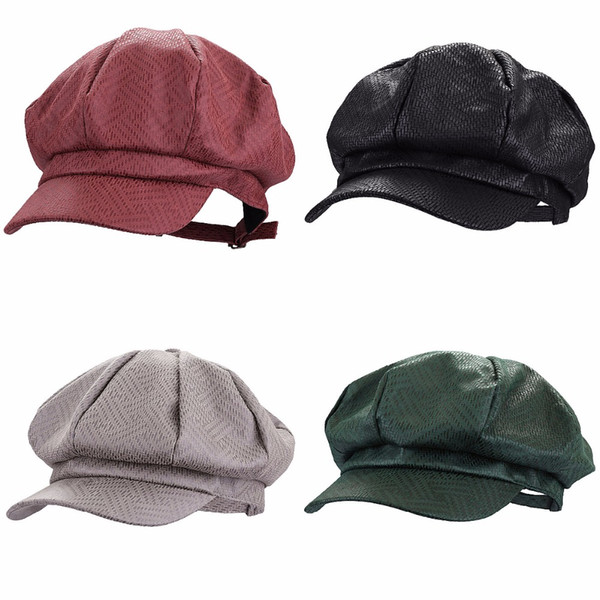 Womens PU Leather 8 Panel Ivy Newsboy Hat Cabbie Gatsby Caps