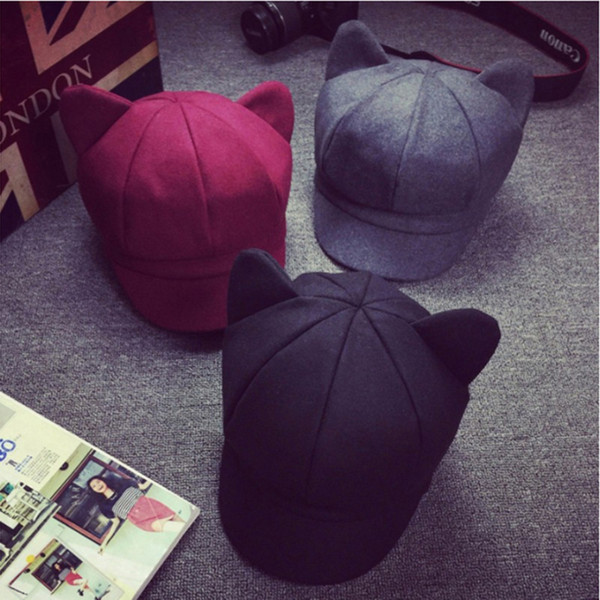 Korea Fashion Cat Ear Octagonal Cap for Women Solid Plain Woolen Felt Newsboy Cap Autumn Winter Artist Painter Beret Hat
