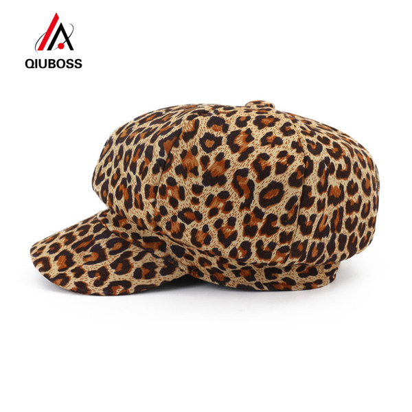 QIUBOSS Fashion New Women Leopard Print Newsboy Caps Ladies Casual Painter Hat Dome Peaked Cap Fascinator Hats for Female QB131