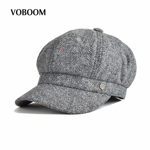 VOBOOM Woolen Women Newsboy Octagonal Cap Herringbone Soft Woolen Lady Fedora 8 Panel Hat with Lining 173