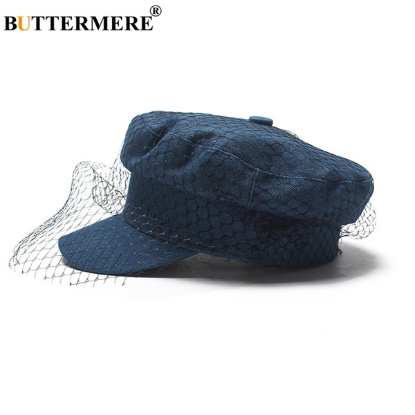 BUTTERMERE Women Newsboy Cap Denim Blue Flat Caps With Veil Ladies Elegant Gatsby Hats Ivy Vintage Autumn Casual Baker Boy Caps