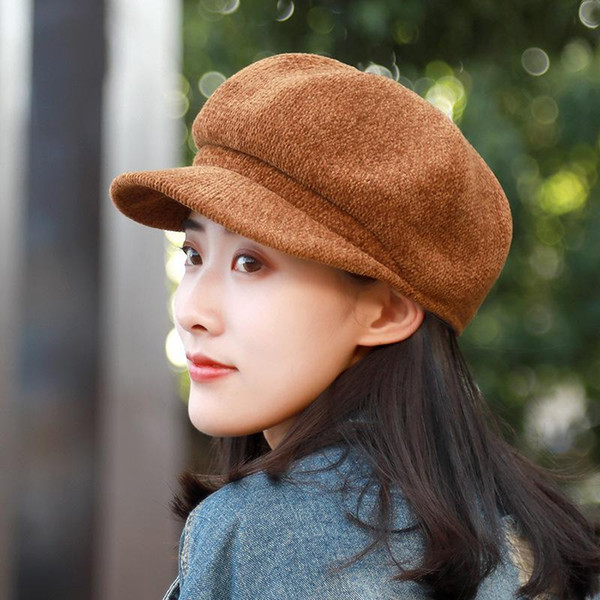 2018Autumn and Winter Hat Visor Women Hat Chenille Octagonal Beanies for Ladies Retro Beret Solid Color Newsboy Cap Warm Cap