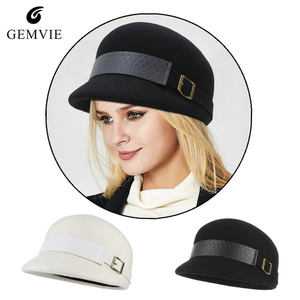 British Style Berets Women Vintage Newsboy Cap Wool Solid Dome Newsboy Hat Lady Elegant Pillbox Cap With Snakeskin Print PU Belt