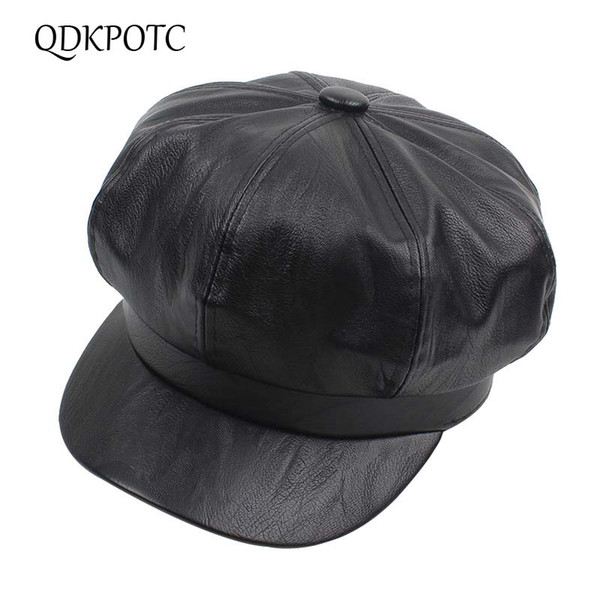 QDKPOTC Autumn And Winter High Quality Pu Leather Newsboy Caps Women Fashion Octagonal Cap Winter Keep Warm Beret Hat
