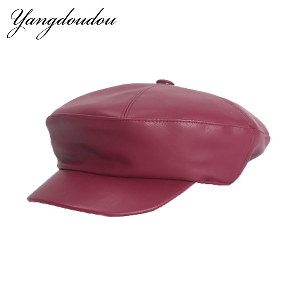 Yangdoudou Spring autumn PU Leather Women's Hat Newsboy Cap Female Fashion Solid Octagonal Hat With Visor Girl