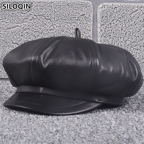 SILOQIN Elegant Women's Genuine Leather Hat Sheepskin Newsboy Caps 2018 New Autumn Winter Lady Beret High Quality Female Hats