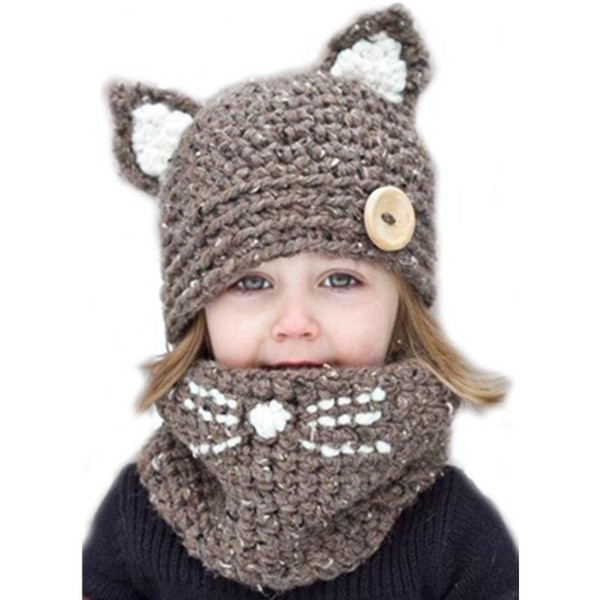 2018 autumn and winter knitted hat children's animal cat ears set hat hand-woven warm neck bonnet