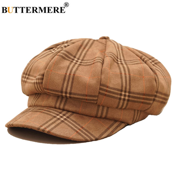 BUTTERMERE Cotton Newsboy Cap Women Plaid Khaki Octagonal Hat Ladies Vintage Ivy Cap Female British Baker Boy Autumn Winter