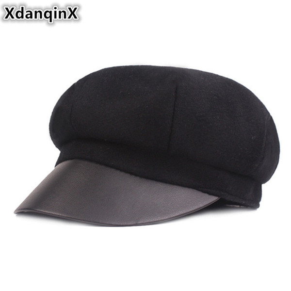 XdanqinX Winter Women's Hat Warm Wool Newsboy Caps Elegant Trend Female Hats PU Sun Visor Flat Caps For Ladies Sombrero De Mujer