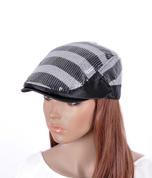 M529 Summer/Spring Wide Black & White Stripe Sequin Black Brim Hat Newsboy Gatsby Cap