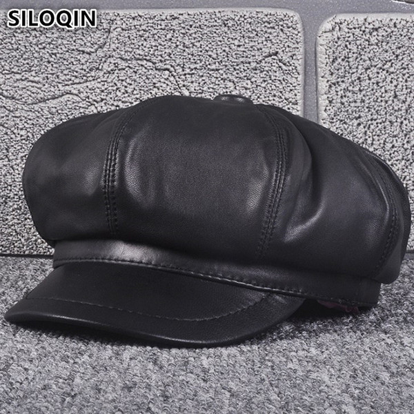 SILOQIN Genuine Leather hats For Women Elegant Sheepskin Newsboy Cap Autumn Winter Women's Hat Tongue Cap Cuero Genuino Sombrero