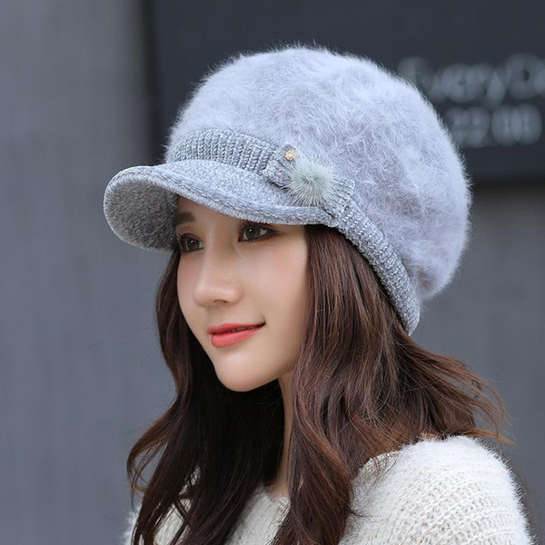 HT2142 Winter Hat for Women Solid Rabbit Fur Hat Newsboy Cap Winter Beret Ladies Thick Warm Beret Fleece Lined Female