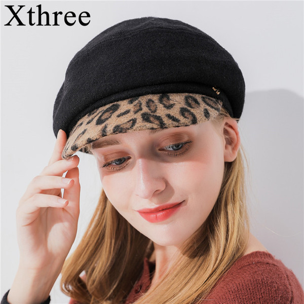 Xthree women's wool octagonal cap winter hat with Leopard Print visor fashion newsboys hat girl autumn for women
