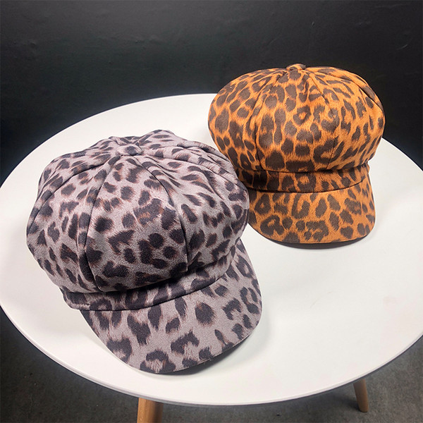 Yyun Leopard Print Newsboy Cap for Women Female Autumn Winter Faux Suede Painter Pumpkin Octagonal Hat