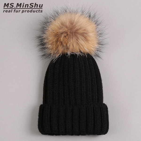 Unisex Adult Knit Bobble Hat Raccoon Fur Pom poms Cap Thicken Winter Hat with Real Fur Pompom Ball Raccoon Fox Fur Ball Cap Women Beanjes