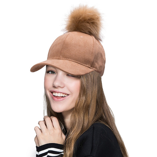 New Stylish Adjustable Womens Unisex Fur Pom Pom Suede Baseball Cap Hip Hop Girls Hat A383