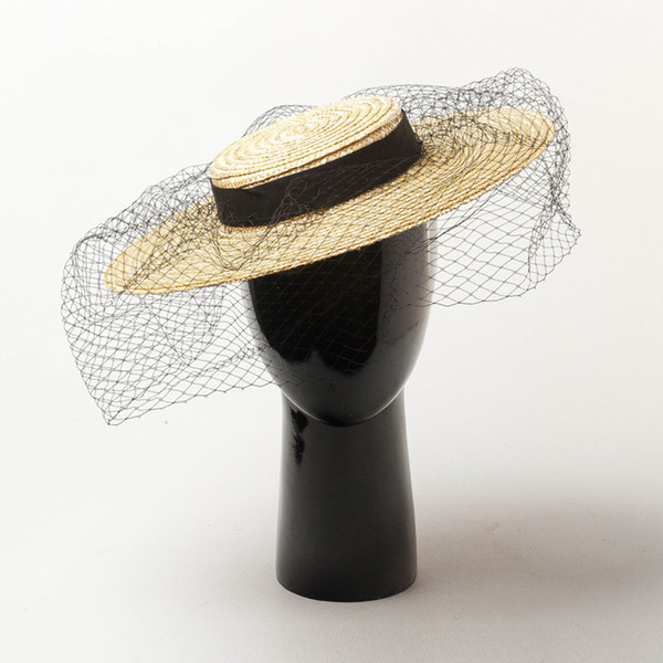 2019 Women Shallow Flat Top Straw Hat with Black Mesh Head cover Female Summer Spring Fashion Retro Large Brim Fedoras