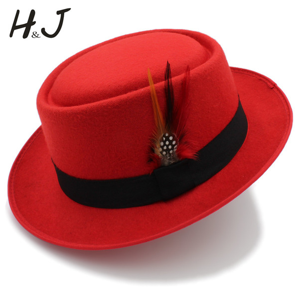 2019 Fashion Women Pork Pie Hat Lady Wool Flat Fedora Hat Gambler Panama Trilby With Fashion Feather Size 58CM